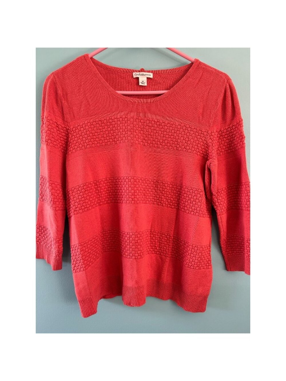 Croft & Barrow Sweater Womens Medium Coral Pink Textured Stripe 3/4 Sleeve